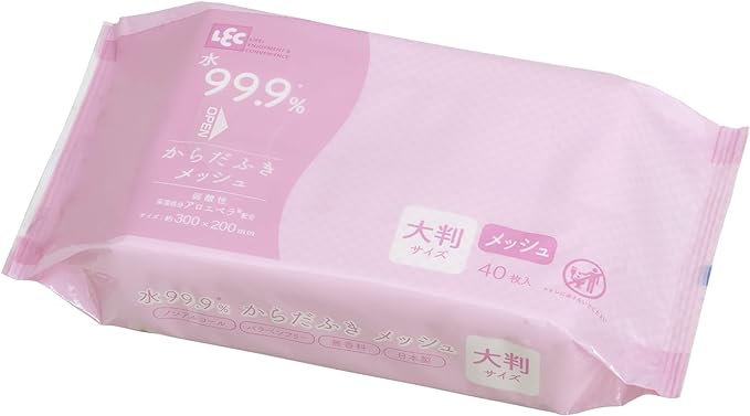 LEC 99.9% Pure Water, Adult Body Wiping, Mesh Type, Large Size, 11.8 x 7.9 inches (30 x 20 cm), 40 Pieces, Made in Japan, Weakly Acid, Fragrance-Free - NewNest Australia