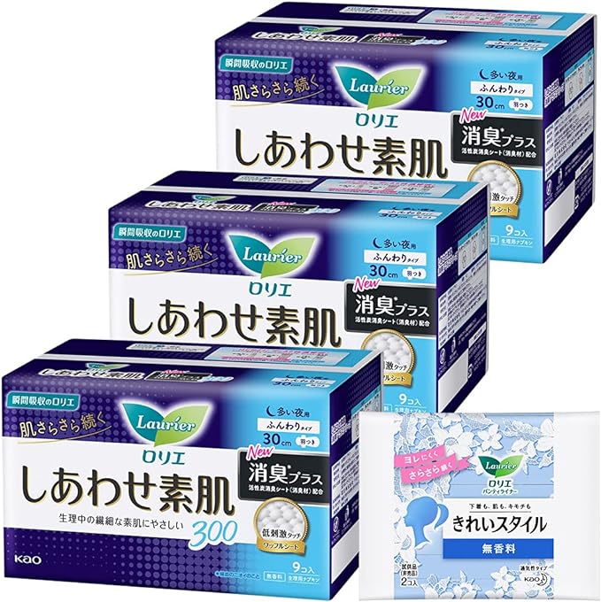 Laurier Shiawase Bare Skin Deodorizing Plus, Night Use, 11.8 inches (30 cm), Includes Wings, 9 Pieces x 3 Sets (27 Pieces) + Bonus Bonus - NewNest Australia