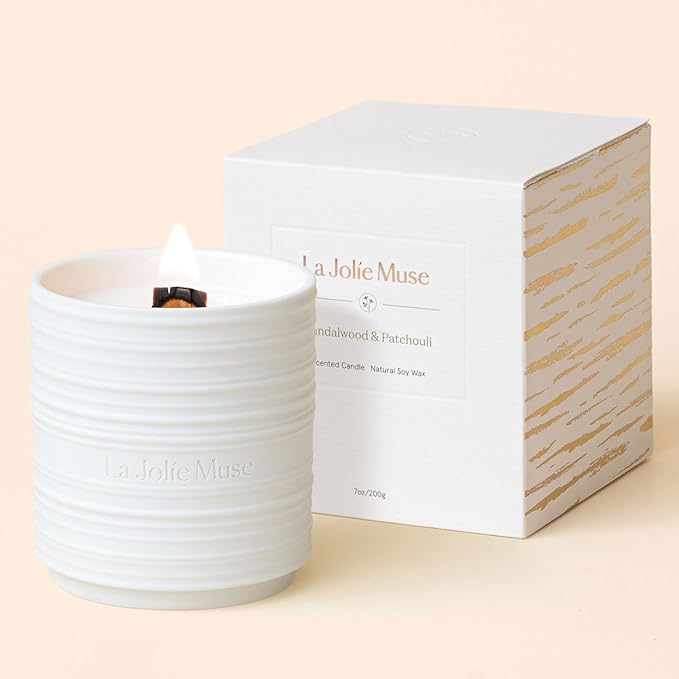 LA JOLIE MUSE Sandalwood and Patchouli Scented Scented Wood Wick Natural Soy Wax Pottery Can 220g Burning Time 50 Hours Gift for Women - NewNest Australia