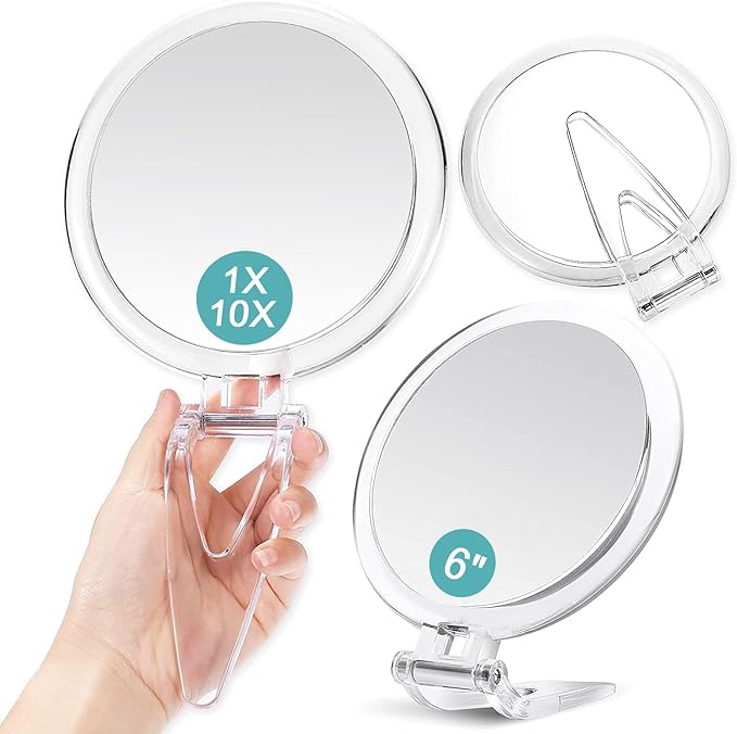 B Beauty Planet Hand Mirror, Magnifier, 10x Double Sided Mirror with Handle, 10x and Equal Time, Tabletop Hand Mirror, Stand Mirror, Foldable Makeup Mirror, Round 15CM, Clear - NewNest Australia