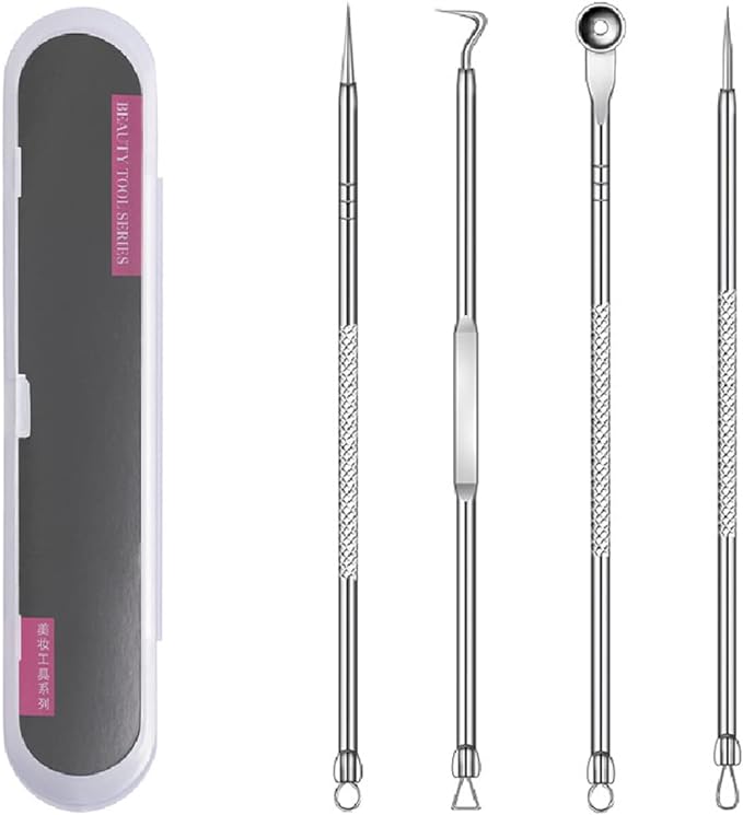 PUNDA Acne Needle Set, 4-Piece Set, Dedicated Pore Care Kit, Acne Removal, Blackhead Removal, Square Plug Pusher, Antibacterial Stainless Steel, Beauty Tool, Storage Case, Portable Convenient (Silver) - NewNest Australia