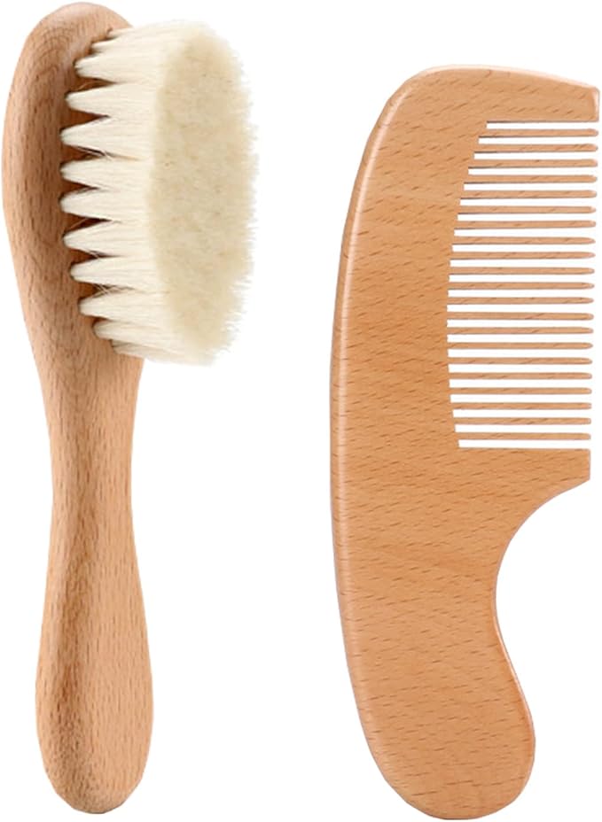 BTtime Baby Hair Brush Newborn Comb Set Scalp Massage Wooden Handle Natural Wood Goat Hair Anti-Static Baby Gift for Newborn Baby Baby (2 Pack) - NewNest Australia