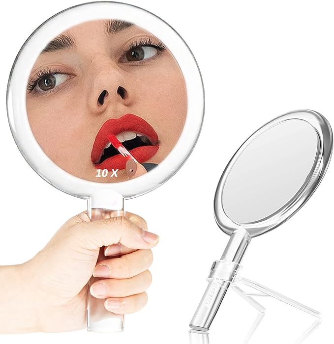 MILEDUO Double Sided Handheld Mirror with Stand 1X/10X Magnifier with Handle Clear Adjustable Handheld Mirror Round Makeup Hand Mirror for Women Girls Makeup Tools Home Travel - NewNest Australia