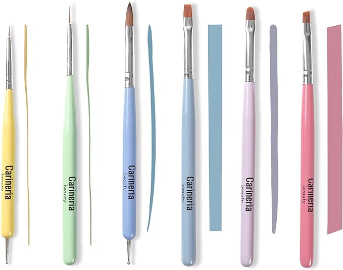 Carineria Nail Brush Set of 6 Gel Nail Art Brushes, High Quality Nylon Fiber, Moderate Stiffness, Large and Small Dot Pen Included - NewNest Australia