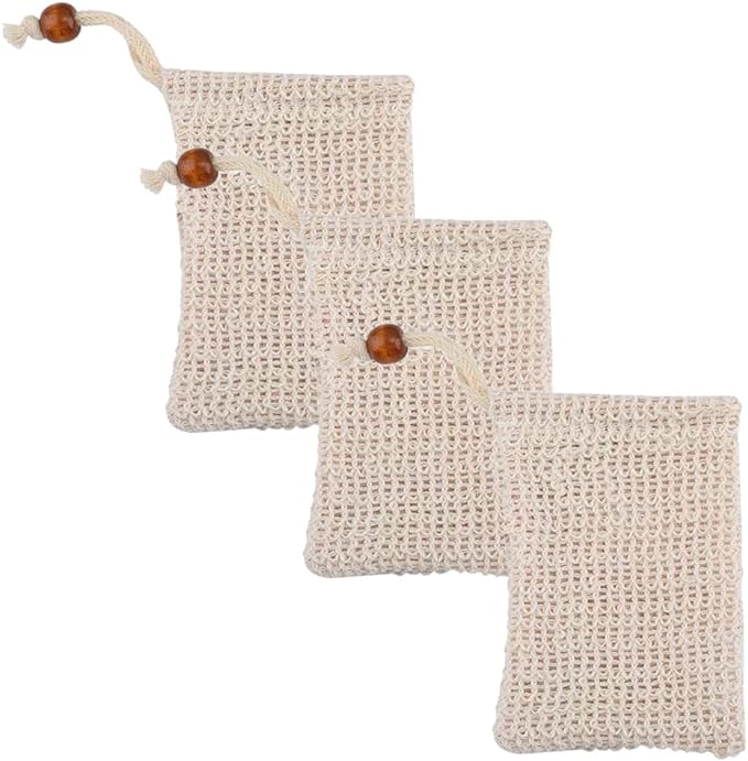 YFFSFDC Foaming Net, Soap Net, Soap Bag, Drawstring Bag, Soap Saver Bag, Pouch, Mesh, For Facial Cleansing, Bath Foam, Natural Material, Cotton Linen, Natural With Hanging Ring, Set of 3 - NewNest Australia