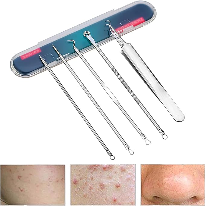 nalaina Square Stopper Remover, Square Plug, Tweezers (Set of 5) Acne Needle Set, Acne Pusher, Square Plug Pusher, Pore Care Kit, Strawberry Nose, Comedo Pusher, Acne Remover, Blackhead Removal, Storage Case, Stainless Steel, Portable, For Men and Women - NewNest Australia