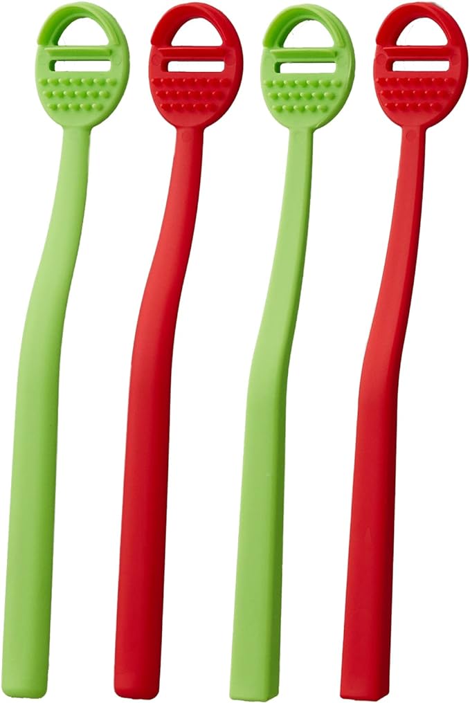 DOWMI Tongue Cleaner 4 Pack - BPA Free - Oral Hygiene Care - Bad Breath Relief - Double Scraper with Massage Head - Red 2 Pack Green 2 Pack - NewNest Australia