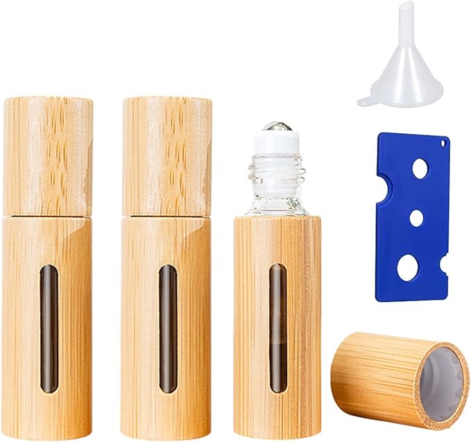 FaSoLa Roll-On Bottle, Atomizer, Roll-on Perfume Container, Wood Grain, Light Shielding Bottle, 0.2 fl oz (5 ml), Bamboo Glass, Bottle Opener, Funnel Included, Refill, Easy to Carry, Leak Free, Set of - NewNest Australia