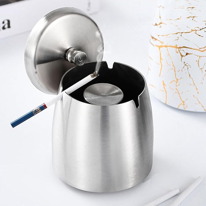 EX-SPACE Ashtray with Lid, Stainless Steel, Large Capacity, Easy to Clean, Windproof, Odor Resistant, Seal, Insulated Pad Included, Outdoor, Silver - NewNest Australia