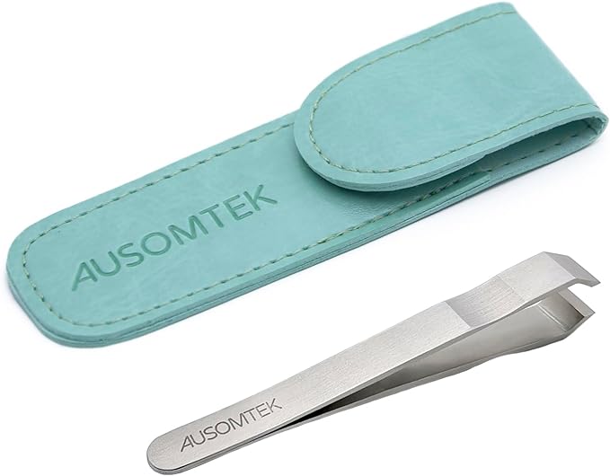 AUSOMTEK Beard Tweezers, Beard Puller, Tweezers, Gray Hair Removal Tweezers, Stainless Steel Fine Hair Tweezers, Eyebrow Tools, 10mm Precision Tip Width, Non-slip Slot Design, Cyan PU Case (1 piece) - NewNest Australia