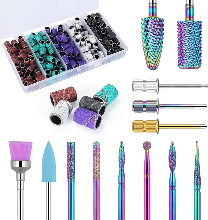 Sanding Bands for Nail Drilling with 13 Nail Drill Bits, 250 Pieces File Sanding Bands Set, 3/32" Tungsten Carbide Files, 5 Colors Sanding Bands (Acrylic Gel Nails, Manicure Pedies #80#120#180 Grit) - NewNest Australia