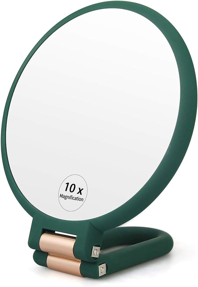 Hand Mirror Magnifier Desk Mirror 10x Equal Double Sided Mirror with Handle, Stand & Hand Mirror, Foldable Makeup Mirror, Convenient to Carry, Round Green - NewNest Australia