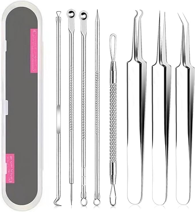 KKYOYRE Square Bottle Remover, Acne Remover, Tweezers, Set of 8, Storage Case, Dedicated Pore Care Kit, Precision, Antibacterial Stainless Steel, Acne Needles, Blackhead Removal, Portable, Convenient to Carry, Strawberry Nose, Blackheads, Pore Care - NewNest Australia