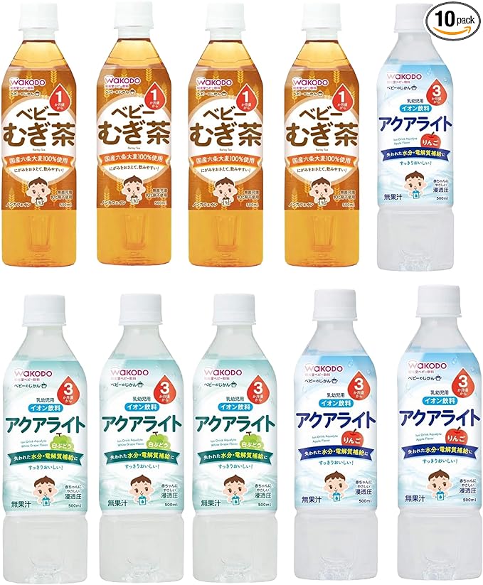 Wakodo Aqua Light Baby Barley Tea, 16.9 fl oz (500 ml) x 4 Apples, 16.9 fl oz (500 ml) x 3 Bottles, White Grapes, 16.9 fl oz (500 ml) x 3 Bottles, Total of 10 Bottles - NewNest Australia