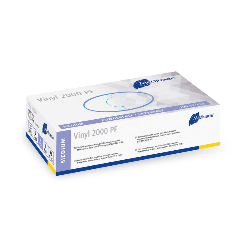 Examination Gloves - Medium, Powderless, Hypoallergenic, Heavy Duty, Latex Free, Long Cuff, Ambidextrous, Disposable, for Any Sector, Bulk Buy (Clear) (Medium) - Meditrade Vinyl 2000 PF Clear - NewNest Australia