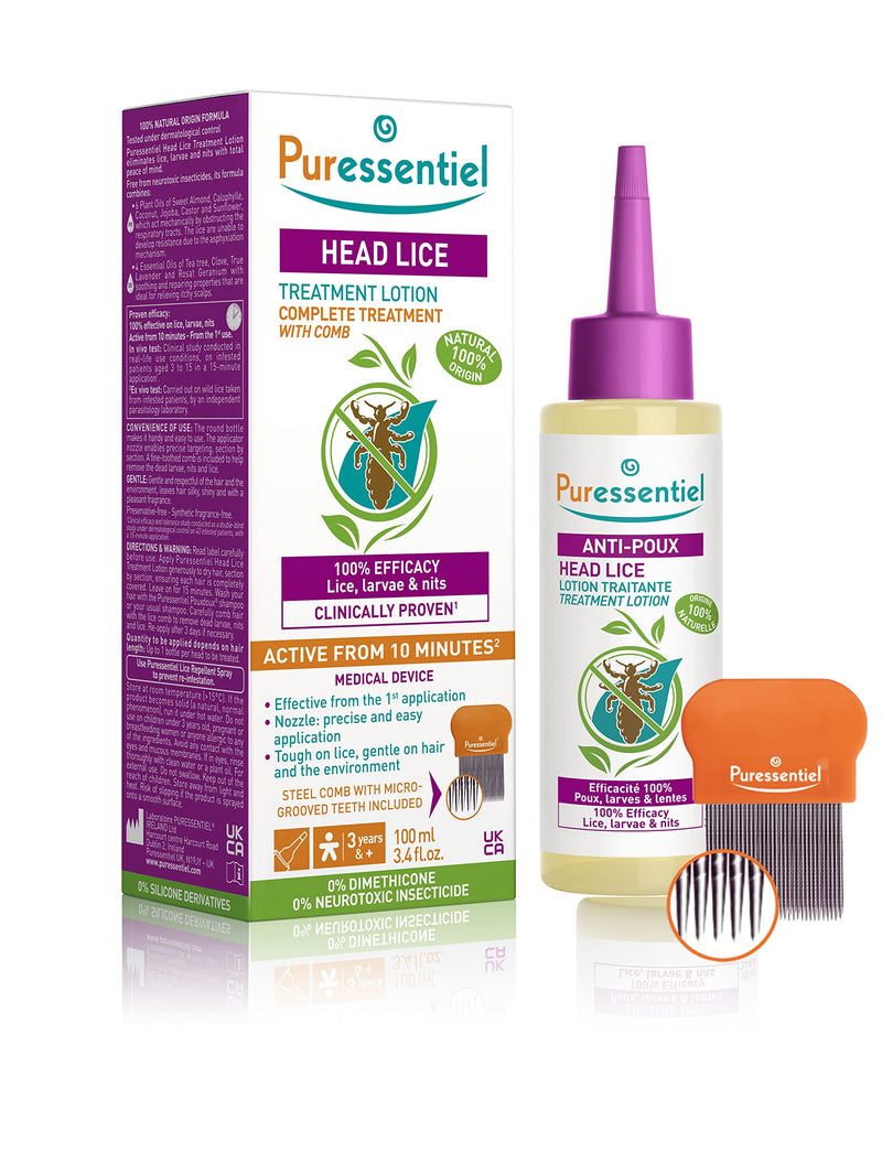 Puressentiel Head Lice Treatment Lotion & Head Lice Comb - Kills 100% Head Lice in Just 10 minutes - 100% Natural Formula - Easy To Apply Lotion 100ml - For kids & Adults - Cruelty Free - NewNest Australia