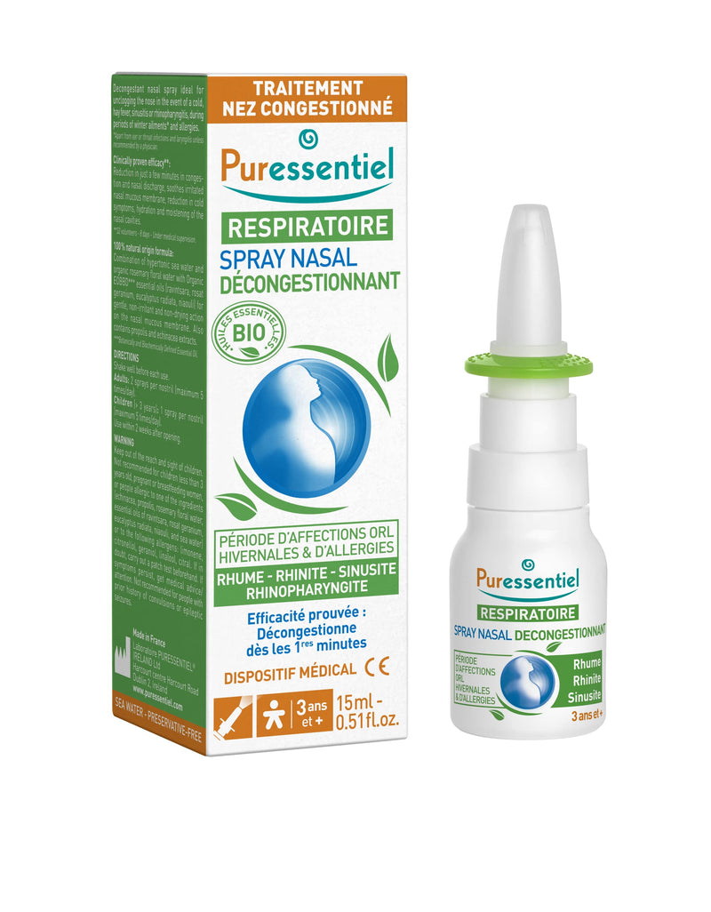 Puressentiel Respiratory Decongestant Nasal Spray 15ml - Cold & Flu - Hayfever & Blocked Nose Relief - Instant Action - 100% Natural & Organic Essential Oils - Sea Water - Suitable for 3y+ - NewNest Australia