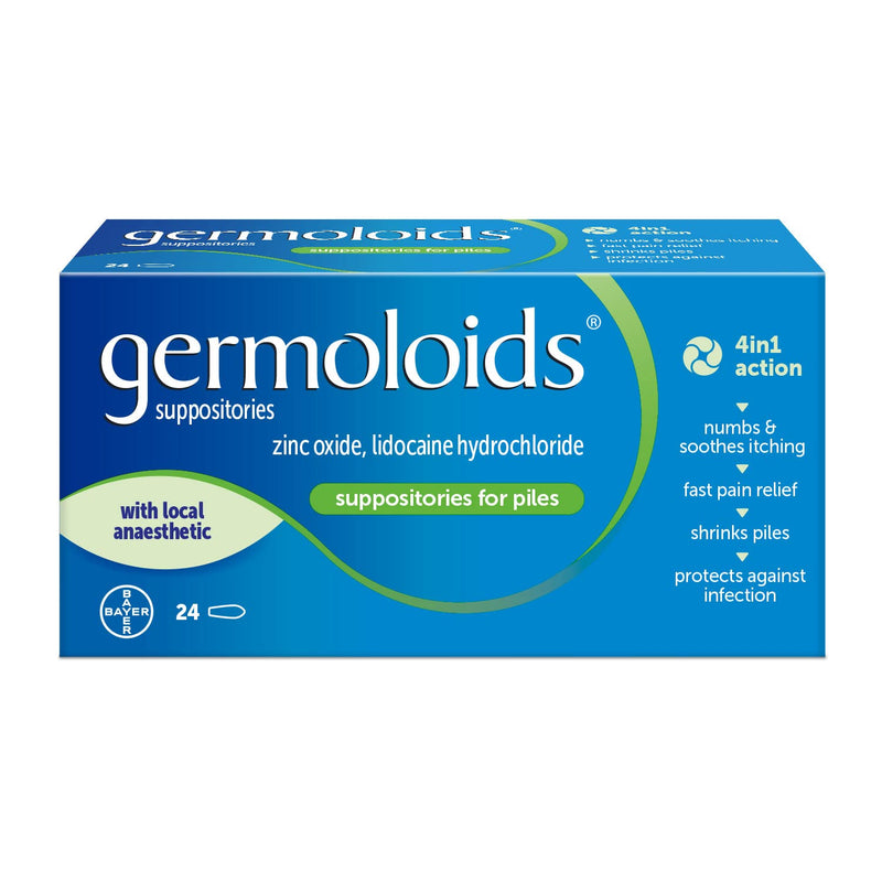 Germoloids Haemorrhoid Treatment & Piles Treatment Suppositories, Triple Action with Anaesthetic to Numb the Pain & Itch, 55 g, 24 Count (Pack of 1) - NewNest Australia