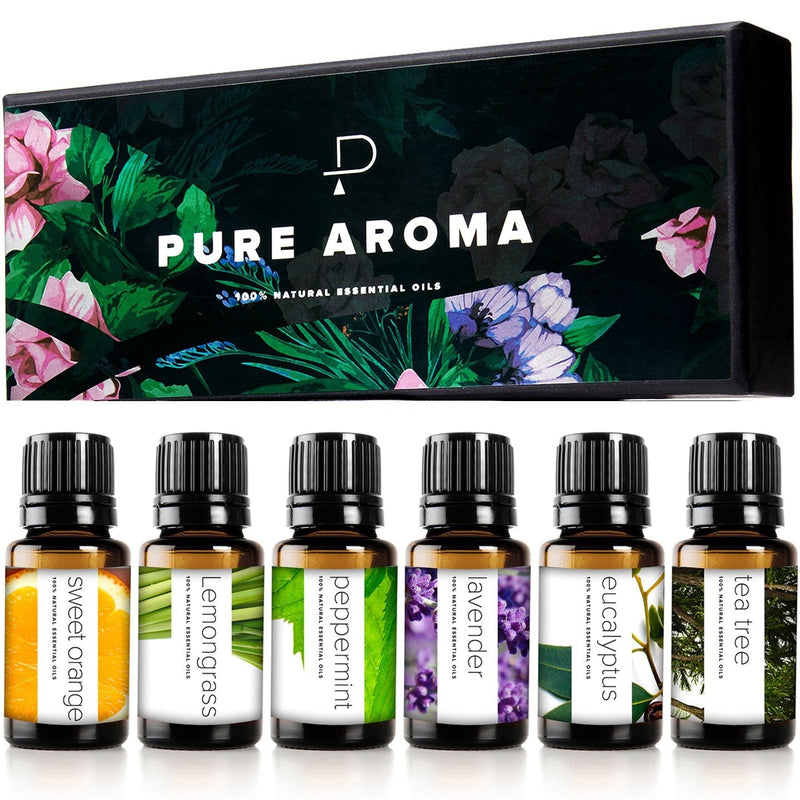 Essential Oils by PURE AROMA 100% Pure Therapeutic Grade Oils kit- Top 6 Aromatherapy Oils Gift Set-6 Pack, 10ML(Eucalyptus, Lavender, Lemon Grass, Orange, Peppermint, Tea Tree) - NewNest Australia