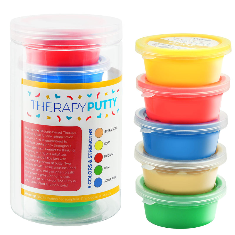 Playlearn 5 x Therapy Putty Squeezable Non-Toxic, Hand Exercise, 5 Strengths Extra Soft/Soft/Soft-Medium/Medium/Firm Individually Colour Coded for Adults & Children 57g (2oz) Tubs - NewNest Australia