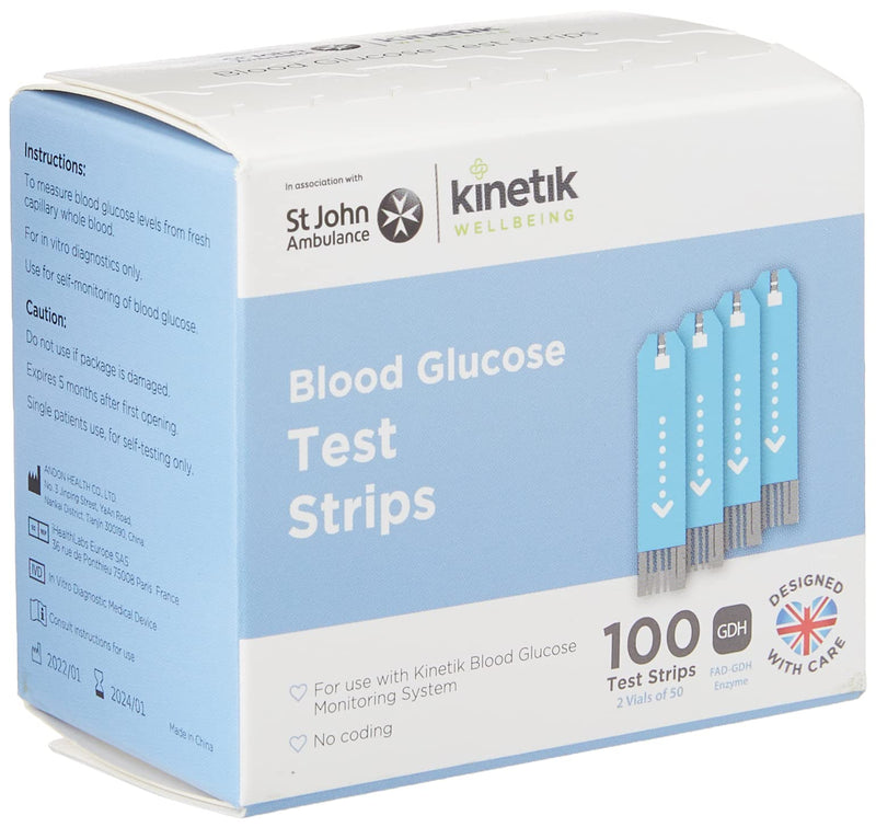 Kinetik Wellbeing Blood Glucose Test Strips (Pack of 100) – Used by the NHS – In Association with St John Ambulance – Test Strips Available on Prescription 100 Count (Pack of 1) Single - NewNest Australia