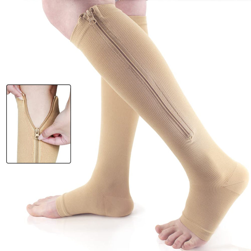 Ailaka Zipper 15-20 mmHg Compression Socks for Women Men, Knee High Open Toe Support Graduated Medical Varicose Veins Hosiery for Edema, Swollen, Pregnancy, Recovery (1 Pair) S/M Beige - NewNest Australia