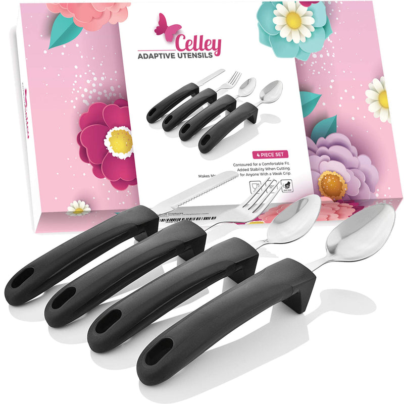 Adaptive Eating Utensils by Celley for Parkinson's, Arthritis, MS, Elderly, Hand Tremors, Handicapped | 4pc Easy Grip Silverware Stainless Steel Knife, Fork, 2 Spoons – (Black) Black - NewNest Australia