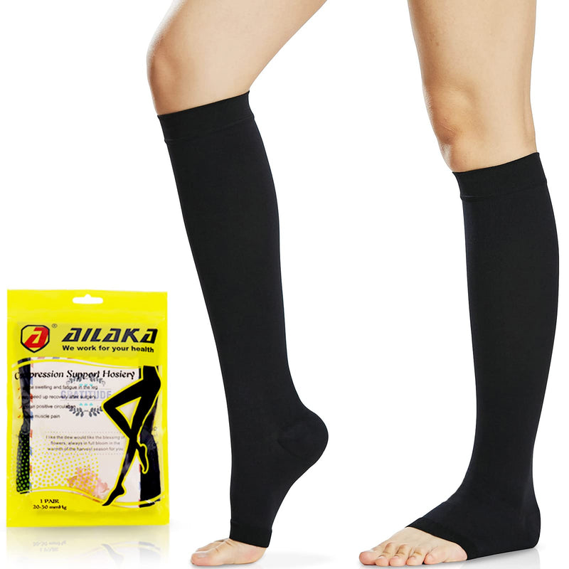 Ailaka 20-30 mmHg Compression Calf Socks for Women & Men, High Open Toe Graduated Support Varicose Veins Knee Stockings Hosiery, Travel, Nurses, Pregnancy, Recovery Black XL - NewNest Australia