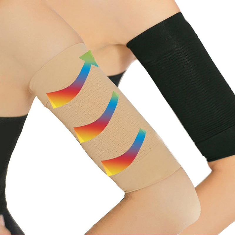 2 Pair Beauty Women Weight Loss Calories Slimming Arm Shaper Massager Lose Buster Wrap Belt Slimming Compression Arm Shaper Helps Tone Shape Upper Arms Sleeve, Black + Flesh Color - NewNest Australia