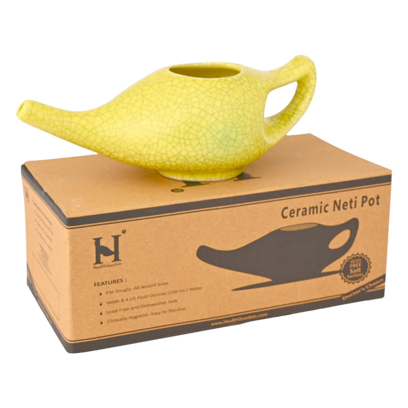 Ceramic Neti Pot for Nasal Cleansing Crackle Pattern | Neti Pot with 10 Sachets of Neti Salt + Instructions Leaflet | Natural Treatment for Sinus, Infection and Congestion (Yellow) - NewNest Australia