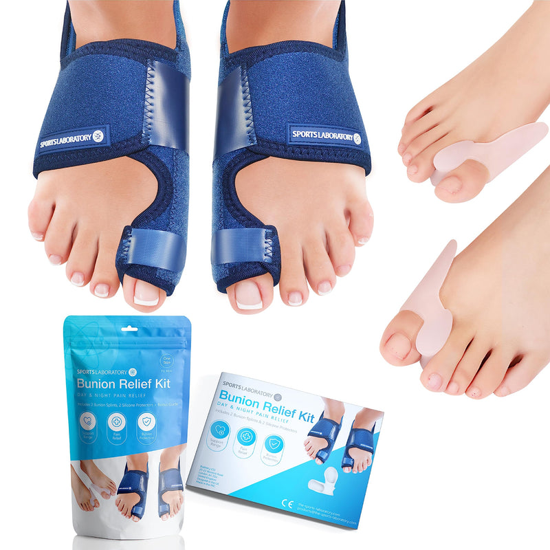 Sports Laboratory - Bunion Corrector Toe Straightener Set - 2x Bunion Splints, 2x Big Toe Straighteners and 1x Bunion Relief Guide - Adjustable Day & Night Bunion Support Kit (Blue) Blue - NewNest Australia