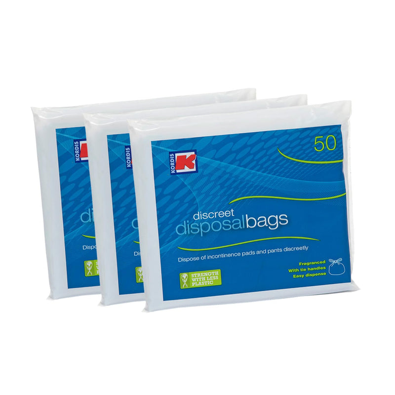 Kordis Large Adult Incontinence Disposal Bags - 3 x 50 Bags. Fragranced Nappy Sacks With Tie Handles - Disposable & Discreet. Hygienic Waste Disposal Of Incontinence Pads. 150 Bag Count - 32 x 42cm - NewNest Australia