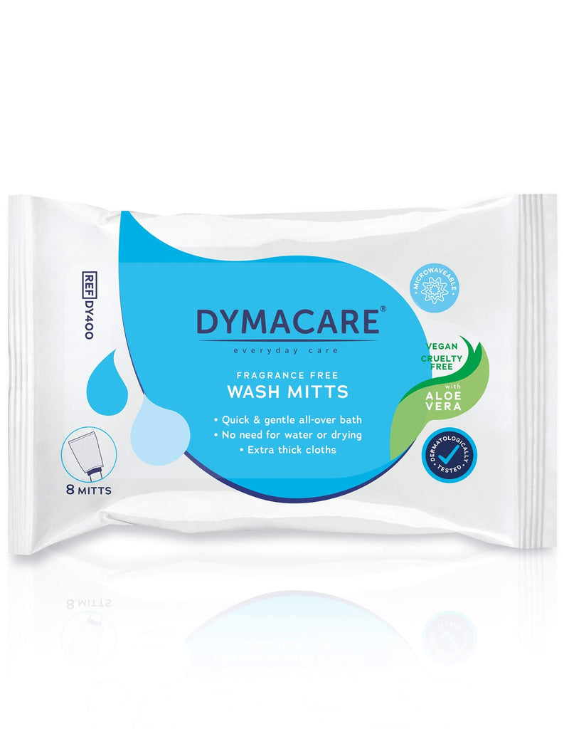 DYMACARE Fragrance-Free Wash Mitts | Rinse Free Microwaveable Adult Bed Bath Wet Wash Gloves | with Aloe Vera | Latex, Lanolin and Alcohol Free (1 Pack (8 Mitts in Total)) 1 Pack (8 mitts in total) - NewNest Australia