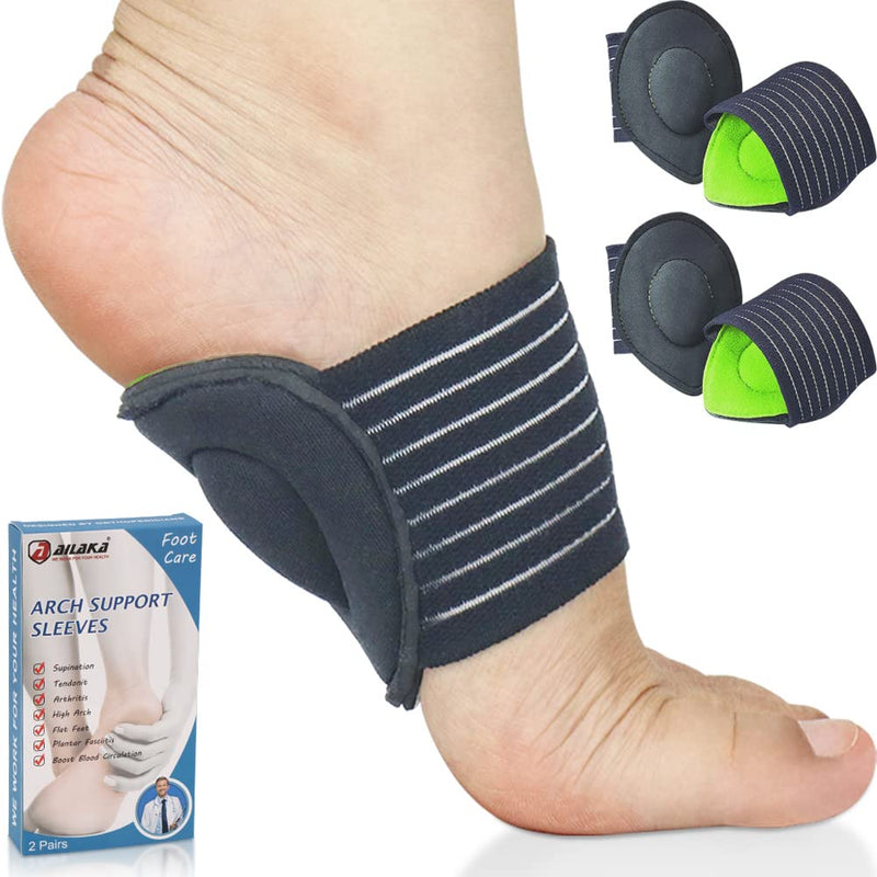 Ailaka 2 Pair Arch Support Braces, Compression Cushioned Plantar Fasciitis Sleeves for Pain Relief & Sore, Flat Feet, Heel Spurs (Black & Green, One size fit all) Black & Green 4 Count (Pack of 1) - NewNest Australia