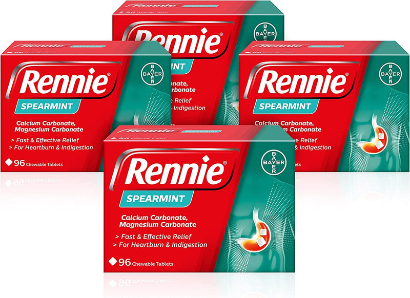 Rennie Antacids, Spearmint Flavour Heartburn Relief and Indigestion Tablets, Fast and Effective Relief for Acid Reflux, 4 Packs of 96 Tablets - NewNest Australia