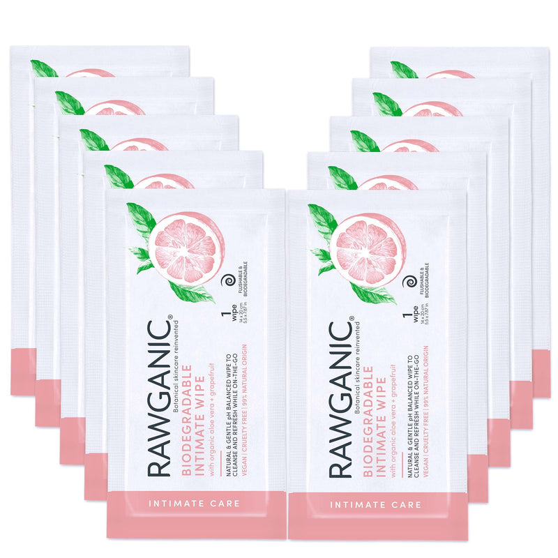 RAWGANIC Organic Intimate Hygiene Wipe Sachets | Gentle Ph Balanced, Fragrance-Free, Alcohol-Free, Flushable & Biodegradable Intimate | Set of 10 Individually Wrapped Sachets 10 Count (Pack of 1) - NewNest Australia