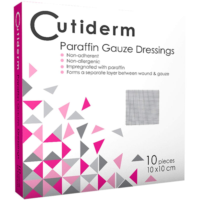 Pack of 10 Cutiderm Sterile Paraffin Gauze Dressing 10cm x 10cm - Suitable for Superficial and Partial Thickness Burns, Skin Loss Wounds, abrasions and Traumatic Injuries 10 Count (Pack of 1) - NewNest Australia