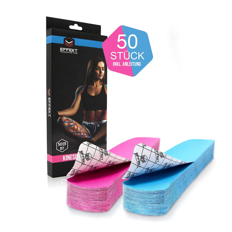 Effekt Pre Cut Kinesiology Tapes Waterproof (25 cm x 5 cm), 50 Strips - Elastic Physio Tape for Muscle Support and Injury Recovery, Medical Tape (Blue + Pink) 25x Light Blue + 25x Pink - NewNest Australia