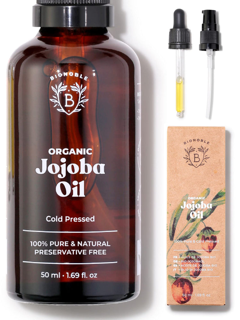 Bionoble Organic Jojoba Oil 50ml - 100% Pure, Natural and Cold Pressed - Face, Body, Hair, Beard, Nails - Vegan and Cruelty Free - Glass Bottle + Pipette + Pump 50 ml (Pack of 1) - NewNest Australia