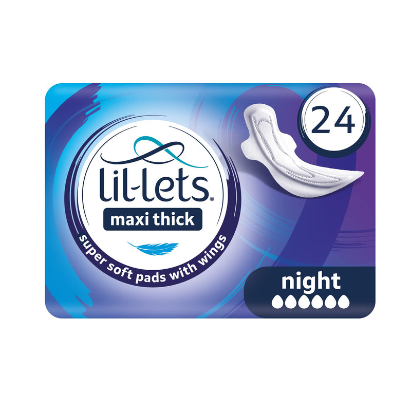 Lil-Lets Maxi Thick Period Pads X 24 | Night Absorbency| with Wings | 1 Pack of 24 Maxi Pads | for Very Heavy/Extra Heavy Overnight Flow | Unscented | Super Soft Cover - NewNest Australia