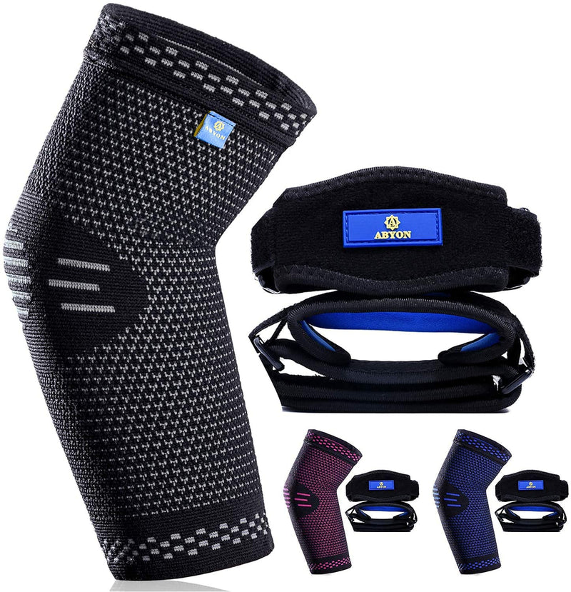 ABYON Elbow Brace, Elbow Compression Sleeve (1 Piece) + Tennis Elbow Support Straps (2 Pieces) for Men and Women Tennis Elbow, Golfers Elbow, Arthritis, Tendonitis, Elbow Pain Relief (Black, M) Black - NewNest Australia