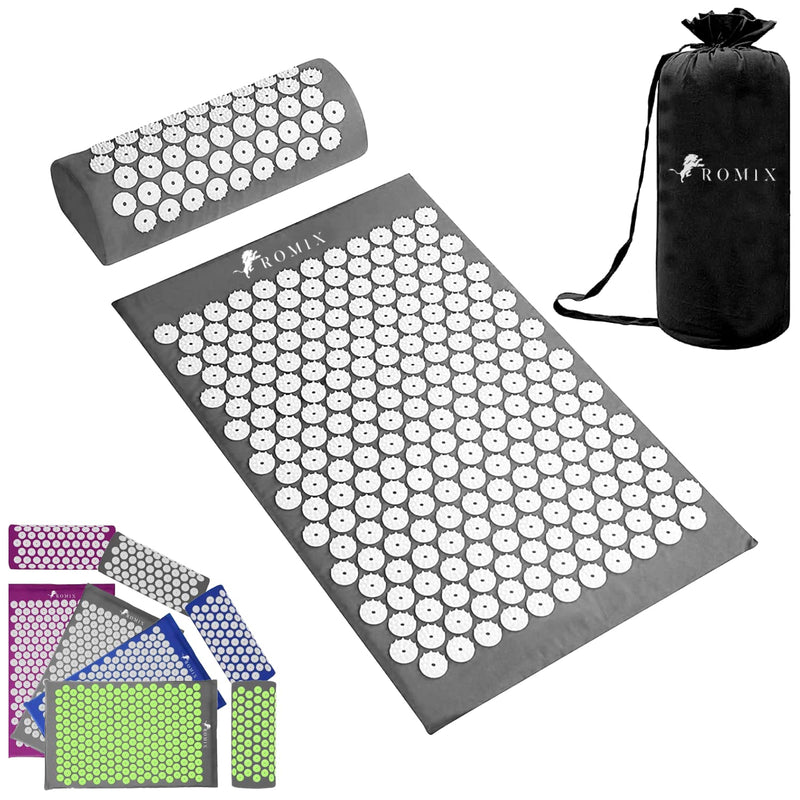 ROMIX Acupressure Mat and Pillow Set, Acupuncture Mat for Back, Neck, Feet Pain Relief Muscle Relaxation Stress Reduction Wellness Therapy, Spike Massage Mattress with Carry Bag for Men Women Grey - NewNest Australia