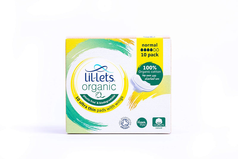 Lil-Lets Organic Cotton Normal Pads, 10 Count, Ultra Thin, with Wings, for Light to Medium Flow, GOTS Certified, Plastic Free, Biodegradable, 100% Organic Cotton Top Cover and Absorbent Core - NewNest Australia