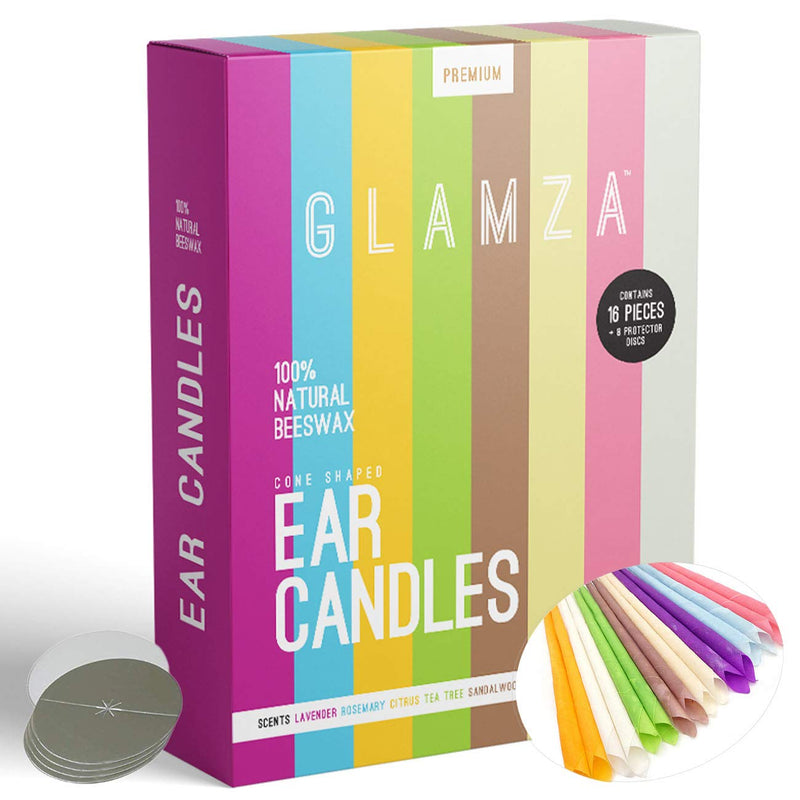Organic Hopi Ear Candles for Blocked Ears - All Natural Ear Wax Remover - GLAMZA 100% Natural Beeswax Candle - 16 pcs (8 Pairs) with 8 Protective Disc Cones for Safe & Effective Ear Candling - NewNest Australia