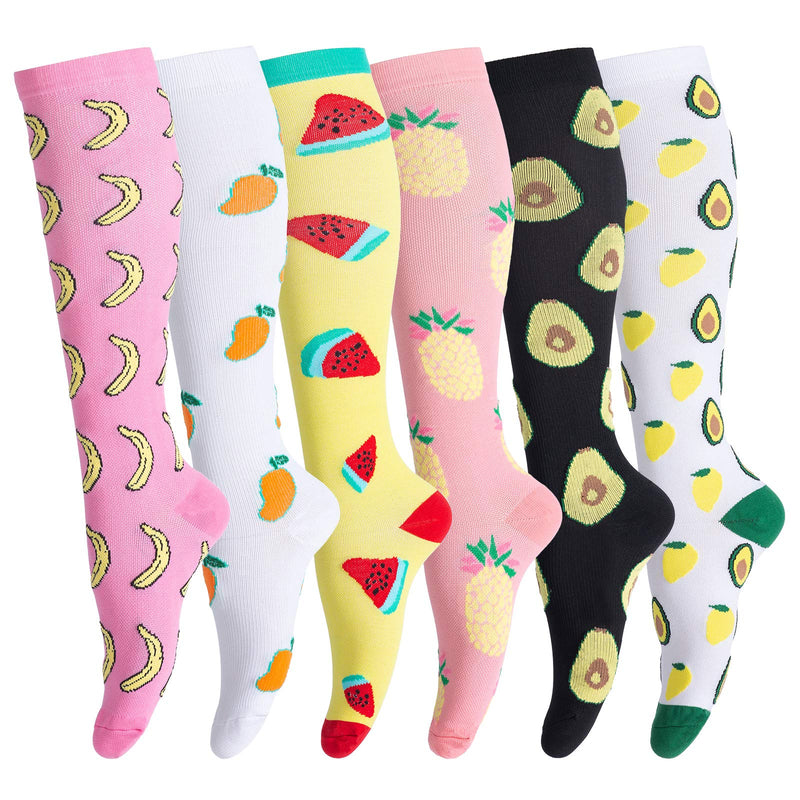 Compression Socks for Men & Women (6Pair) Non-Slip Long Tube Ideal for Running,Nursing,Circulation & Recovery Boost Stamina, Hiking Travel & Flight Socks 20-30 mmHg S-M Fruit - NewNest Australia