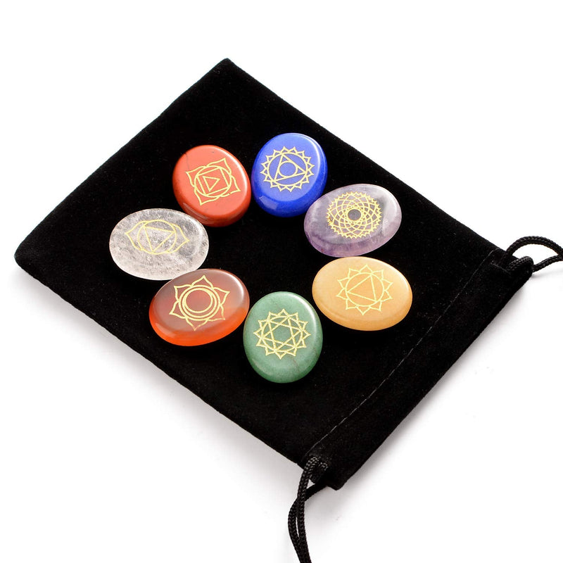 Hivexagon Natural Healing Chakra Stones, Set of 7 Worry Stones with Symbols, Reiki & Energy Healing Crystals for Meditation, Concentration, Spiritual Growth, Stress Relief - NewNest Australia
