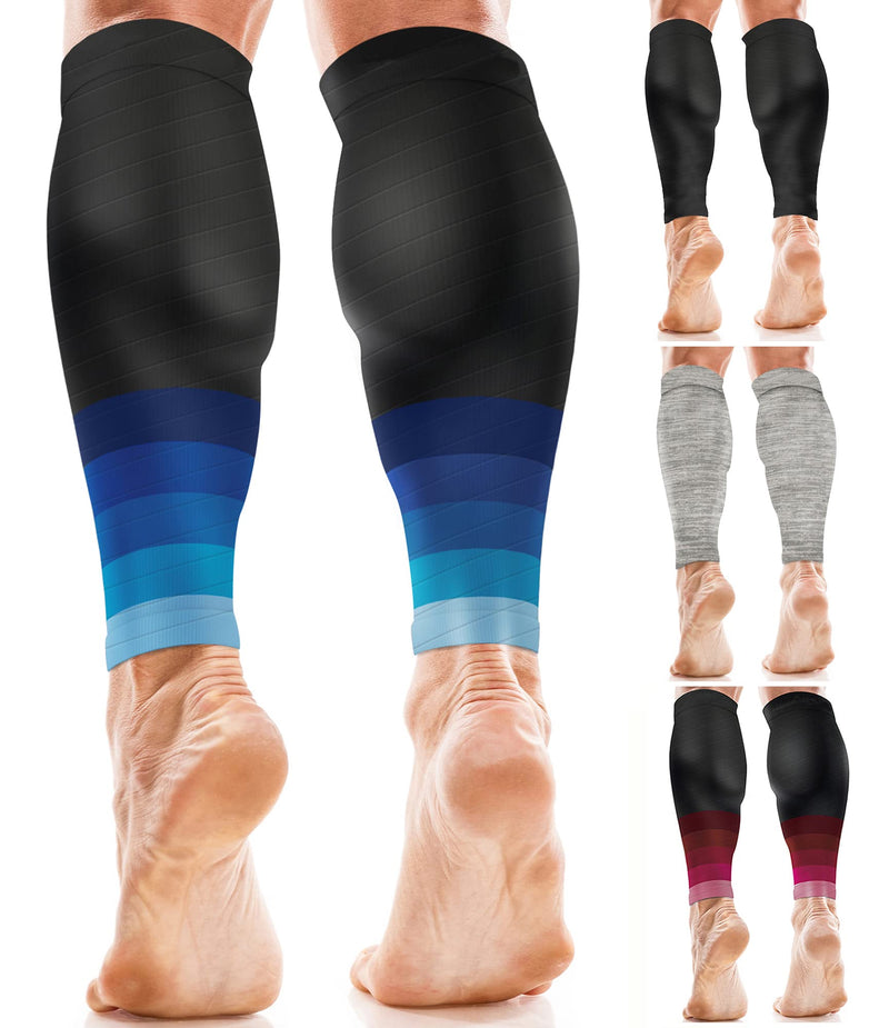 aZengear Calf Support Compression Sleeves (Pair) for Women, Men, Running | 20-30mmHg Class 2 Shin Splints Brace, Footless Leg Socks for Torn Muscle Pain Relief, Cramps (L-XL, Black w/Blue) L-XL - NewNest Australia