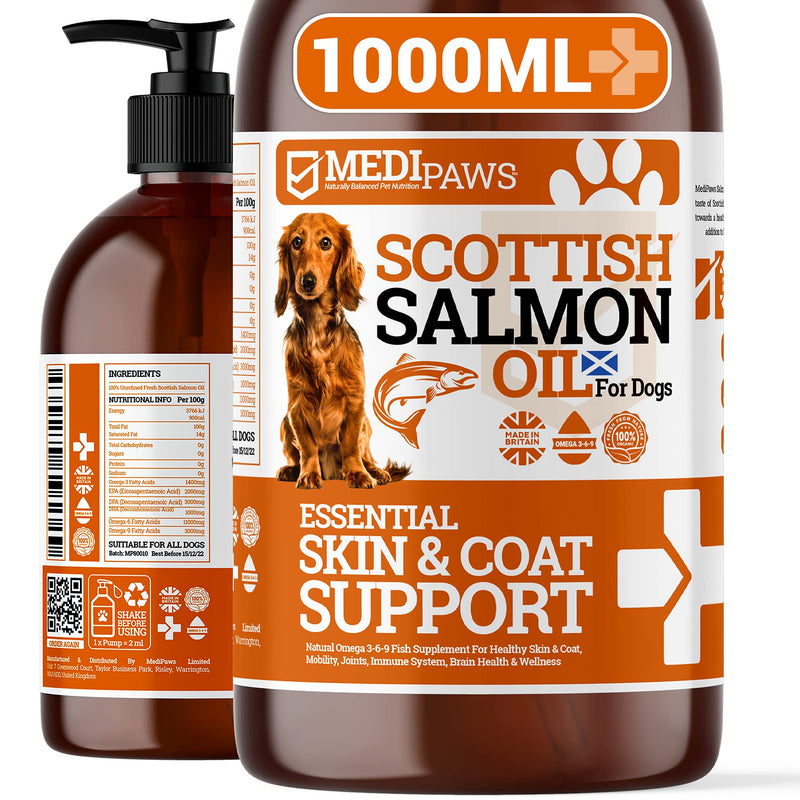 MediPaws® Dog Supplement | Scottish Salmon Oil For Dogs 1000ml | Supports Dog Skin And Coat, Dog Itchy Skin & A Moulting Dog | Omega 3 Fish Oil | Perfect For Dog Grooming & Dog Food 1 l (Pack of 1) - PawsPlanet Australia