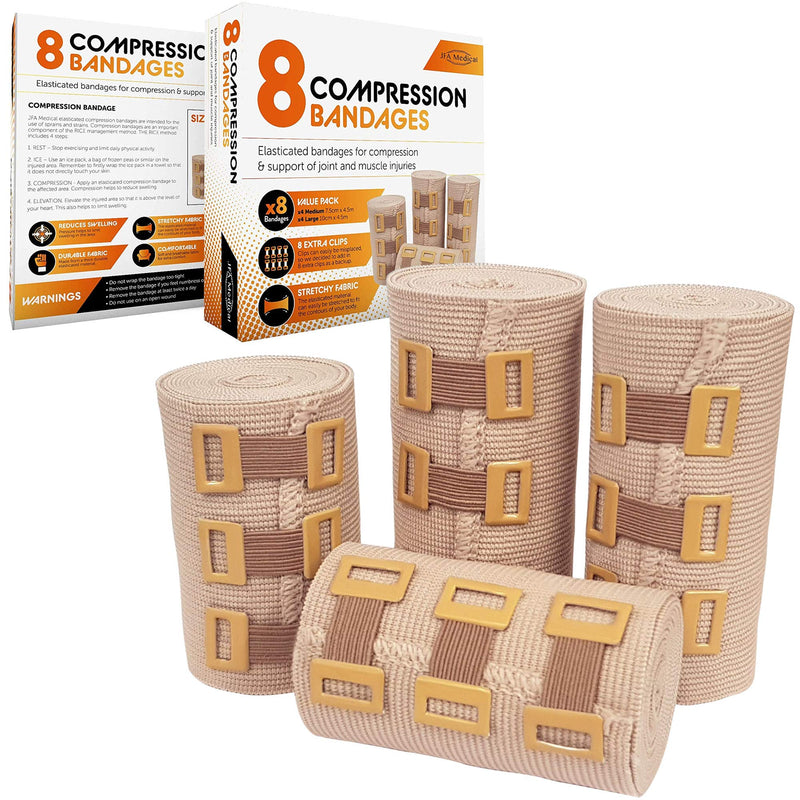 JFA Medical Elastic Compression Bandage Wrap - 8 Pack + 8 Extra Clips (4 x 7.5cm x 4.5m & 4 x 10cm x 4.5m Rolls) - Wrist, Ankle, Hand Knee, Elbow, Shoulder, Feet Injuries - NewNest Australia