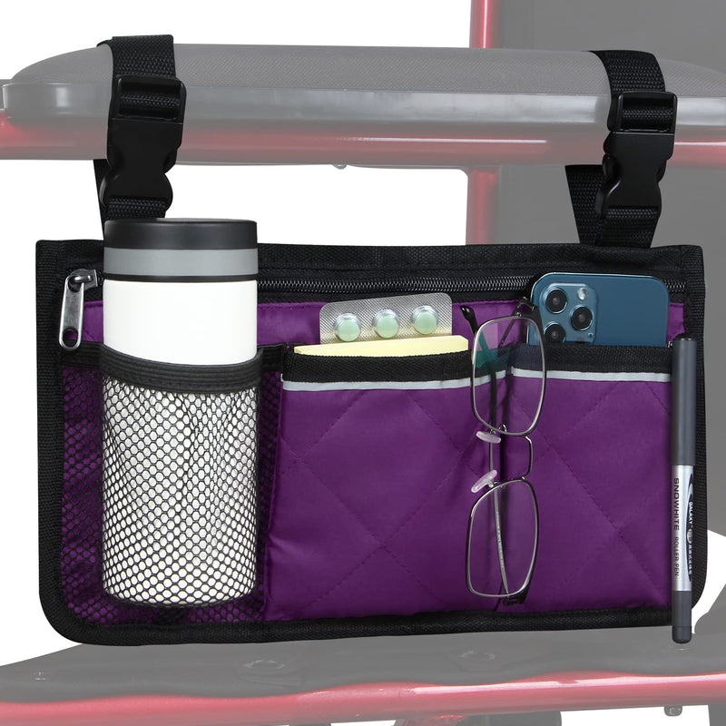 Wheelchair Side Organizer Storage Bag Armrest Pouch with Cup Holder and Reflective Strip, for Most Wheelchairs, Walkers or Rollators (Purple) Purple - NewNest Australia